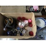 A box of assorted, to include Mary Gregory glass, a coffee grinder etc.