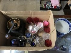 A box of assorted, to include Mary Gregory glass, a coffee grinder etc.