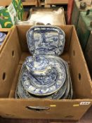 A tray of linen, set of scales and a quantity of blue and white china