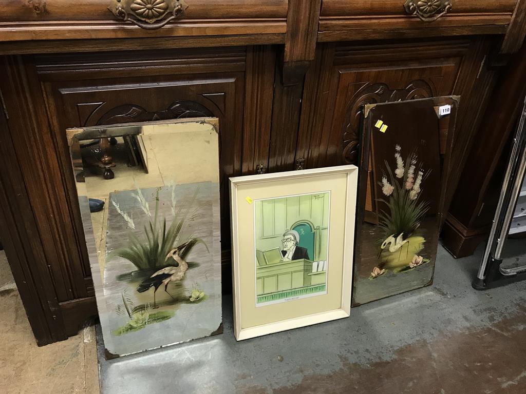 A pair of painted mirrors and a print