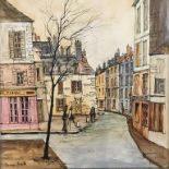 Quercy Paris, over painted print, 'Parisian Street scene', 60cm x 50cm
