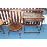 An oak single drawer side table, 66cm width and a stick back chair