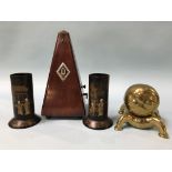 A brass inkstand, a metronome and a pair of lacquered spill vases