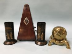 A brass inkstand, a metronome and a pair of lacquered spill vases