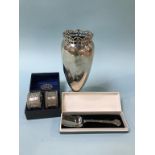 Silver; vase, spoon and napkin rings, 8oz
