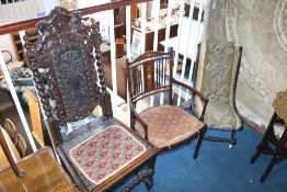 A carved oak hall chair, an Edwardian chair, and a nursing chair