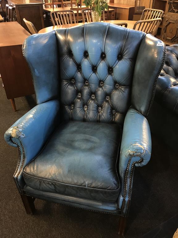 A blue leather Chesterfield three seater settee, a club chair and a high back armchair - Image 4 of 4