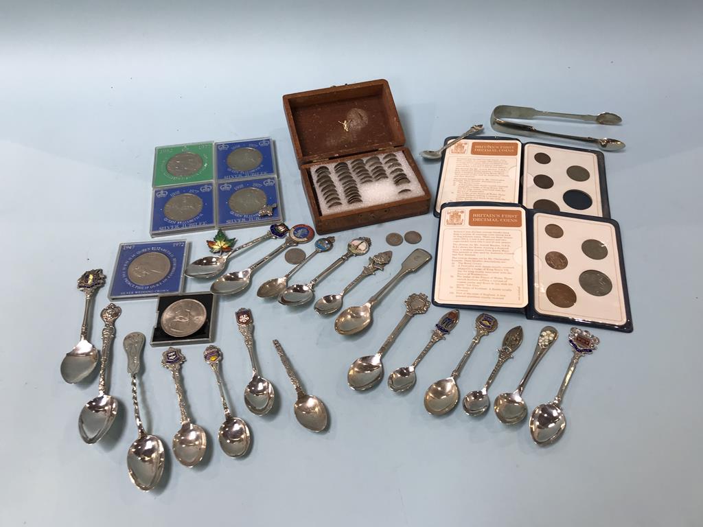 A collection of 'Sterling' spoons, Commemorative crowns etc.