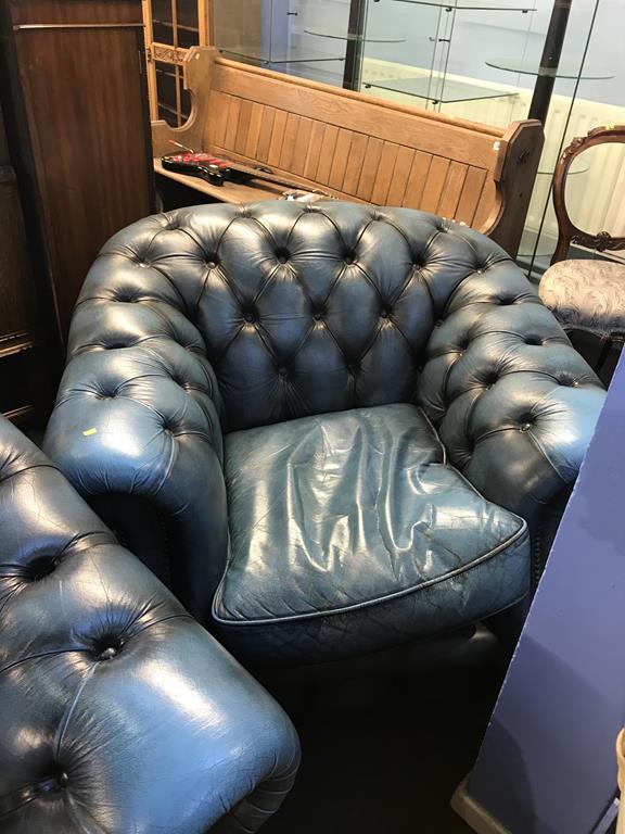 A blue leather Chesterfield three seater settee, a club chair and a high back armchair - Image 3 of 4