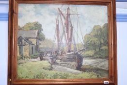 Hurst Balmford (1871-1950), oil on board, signed, 'Unloading a sailing barge', (label to verso),