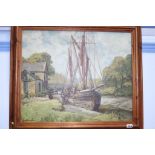 Hurst Balmford (1871-1950), oil on board, signed, 'Unloading a sailing barge', (label to verso),