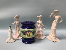 Maling flower vase and four Coalport figures