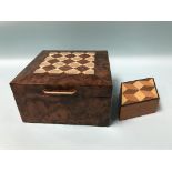 A burr walnut parquetry work box and a lozenge shaped box