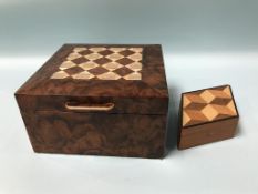 A burr walnut parquetry work box and a lozenge shaped box