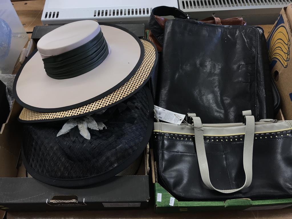 Two trays of handbags and hats