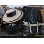 Two trays of handbags and hats