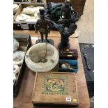 A light shade and spelter figure etc.