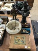 A light shade and spelter figure etc.