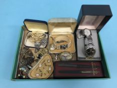 A tray of assorted jewellery, watches etc.