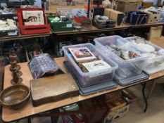 Three boxes of assorted, a canteen of cutlery and thimbles etc.