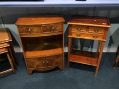 A yew wood bow front cabinet and a small side table