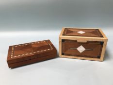 A modern parquetry wooden jewellery box and a box of dominos