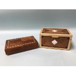 A modern parquetry wooden jewellery box and a box of dominos