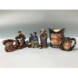 Three Royal Doulton figures, 'The Wayfarer', 'Tuppence a bag', 'A Stitch in Time', and four