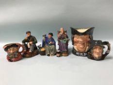 Three Royal Doulton figures, 'The Wayfarer', 'Tuppence a bag', 'A Stitch in Time', and four