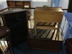 A 19th century mahogany corner cabinet, pine box and a tea trolley