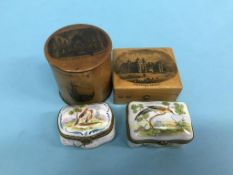 Two pill boxes and two Mauchline ware boxes