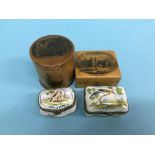 Two pill boxes and two Mauchline ware boxes