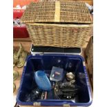 Box of assorted and a wicker hamper