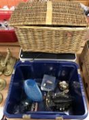 Box of assorted and a wicker hamper