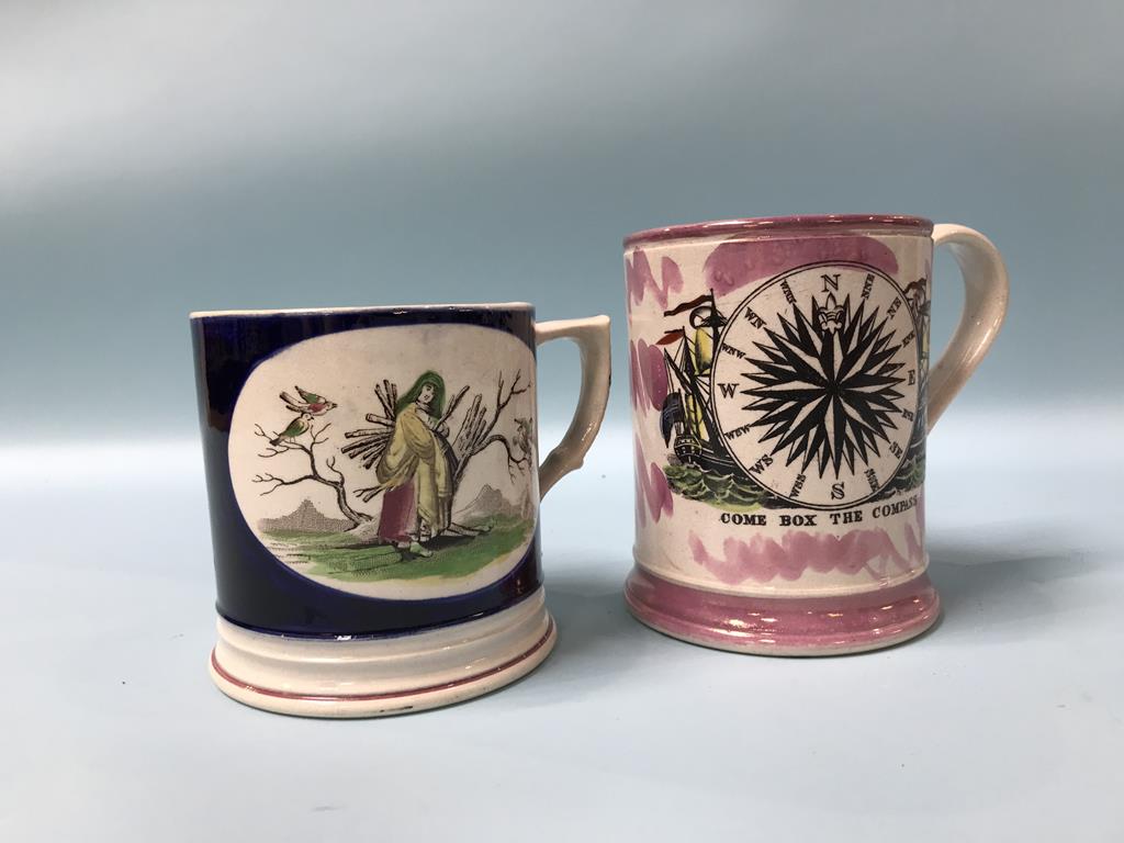 A Victorian pink lustre Sunderland 'Frog' tankard, 'Come Box the Compass', and another frog tankard