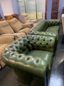 A green leather Chesterfield three seater settee and Club armchair