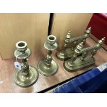 A pair of brass candlesticks etc.