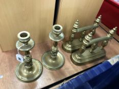 A pair of brass candlesticks etc.