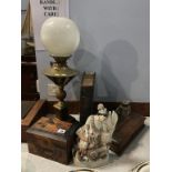 An oil lamp, Staffordshire flatback, tea caddy and inkstand etc.