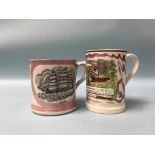Two Victorian Sunderland lustre 'Frog mugs', 'Ship' and 'West View of the Iron Bridge'