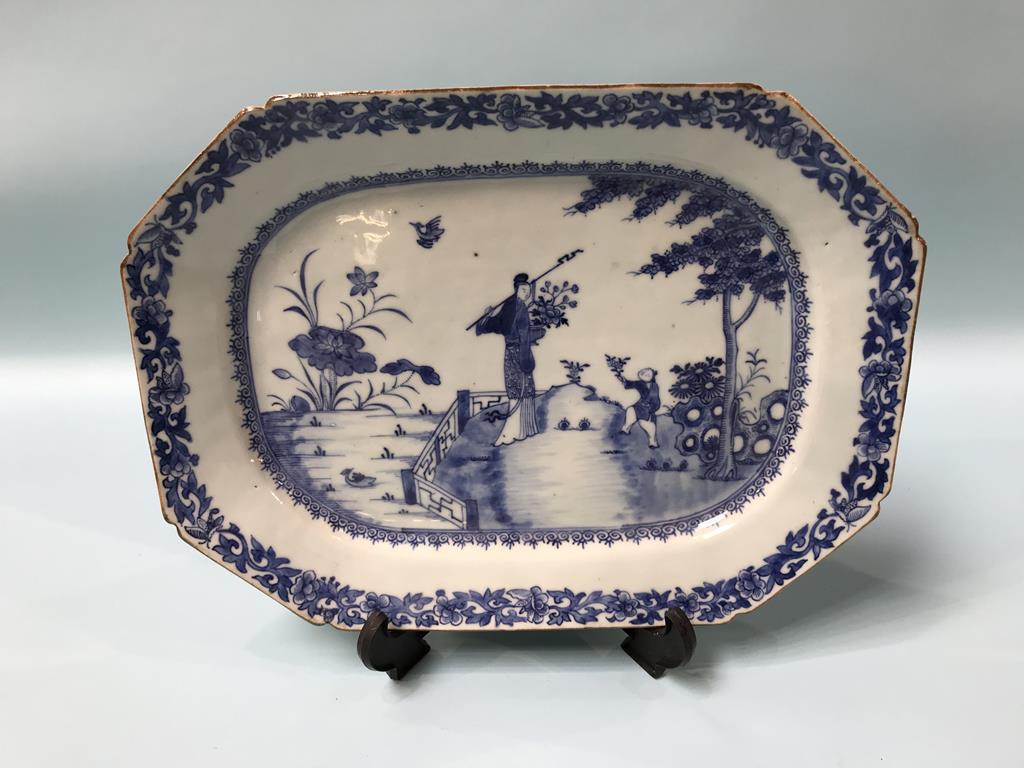 A Chinese blue and white oblong dish, 35cm wide
