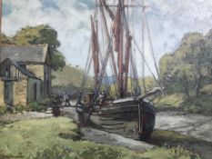 Hurst Balmford (1871-1950), signed, oil on board, gallery label to verso, 'Unloading a sailing barge