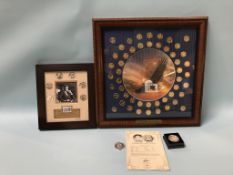 A framed J.F. K. half dollar collection, 50th Anniversary 1960 - 2010, a 2017 Isle of Man Angel