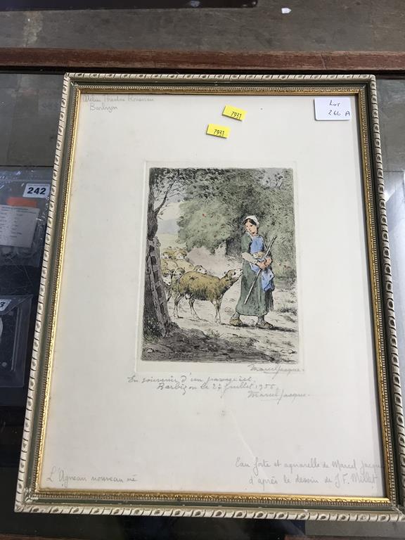 A French engraving, signed in pencil, 'Lady herding sheep', 32cm x 24cm