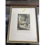 A French engraving, signed in pencil, 'Lady herding sheep', 32cm x 24cm