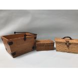 Two basket weave sewing cases, and a wood bucket