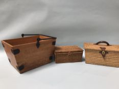 Two basket weave sewing cases, and a wood bucket