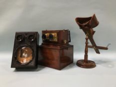 A mahogany Smiths Beck and Beck stereoscope, and two other stereoscopes