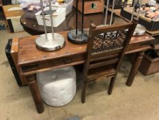 Four uplighters, hardwood table and chair and a grey footstool