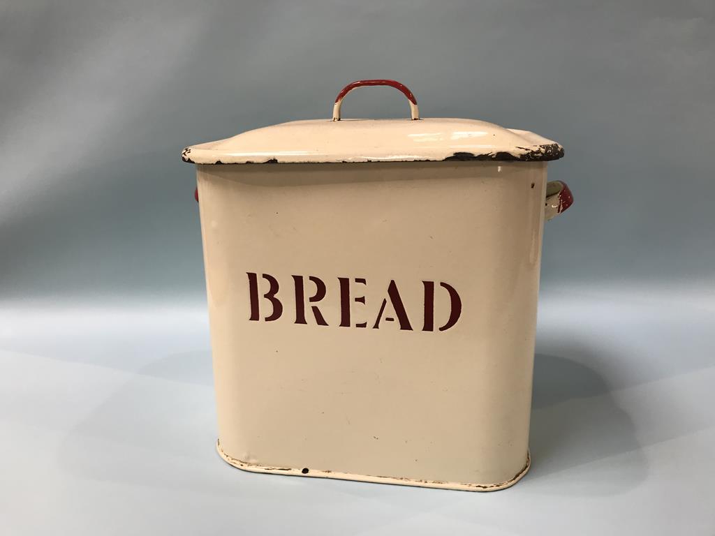 An enamel bread bin